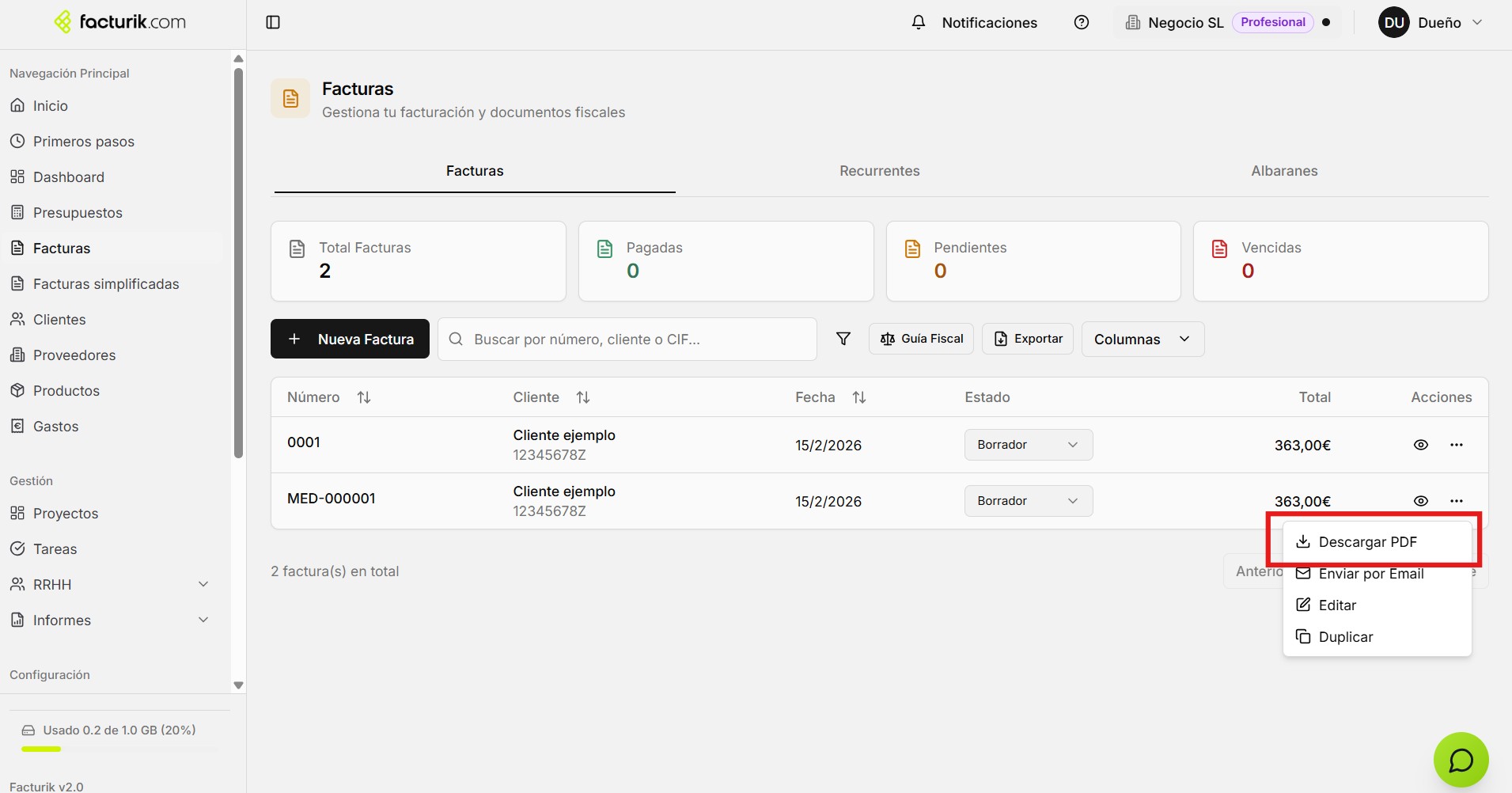 Menú de acciones en la lista de facturas — desplegable con la opción "Descargar PDF"