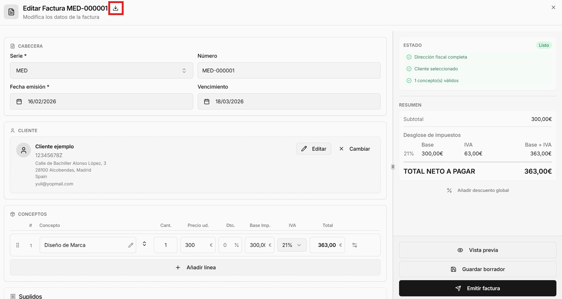 Vista de edición de factura con el icono de descarga (flecha hacia abajo) en la cabecera