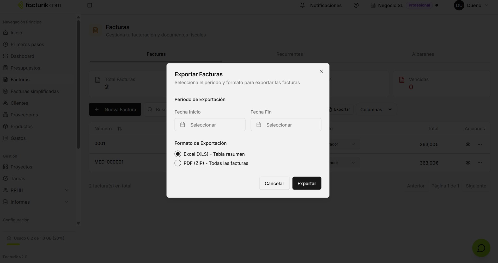 Modal de exportación de facturas — selección de período y formato (Excel o ZIP)